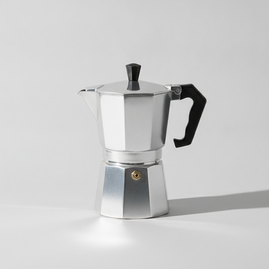 Cafetera italiana de aluminio pulido con asa negra