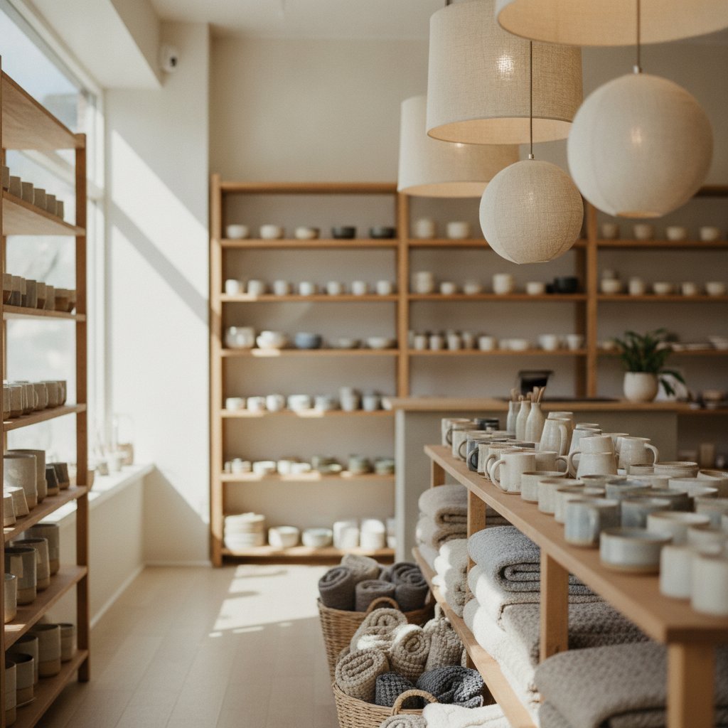 Interior de una tienda de hogar con estantes de madera, tazas, lámparas y mantas